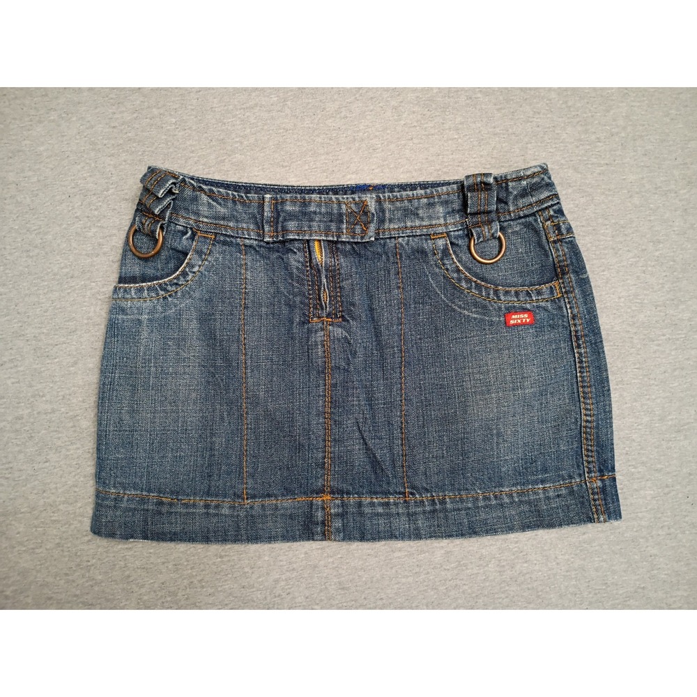 Miss Sixty Denim Mini Skirt Medium Wash D-Ring Flaps Made in Italy Sm Y2K VTG